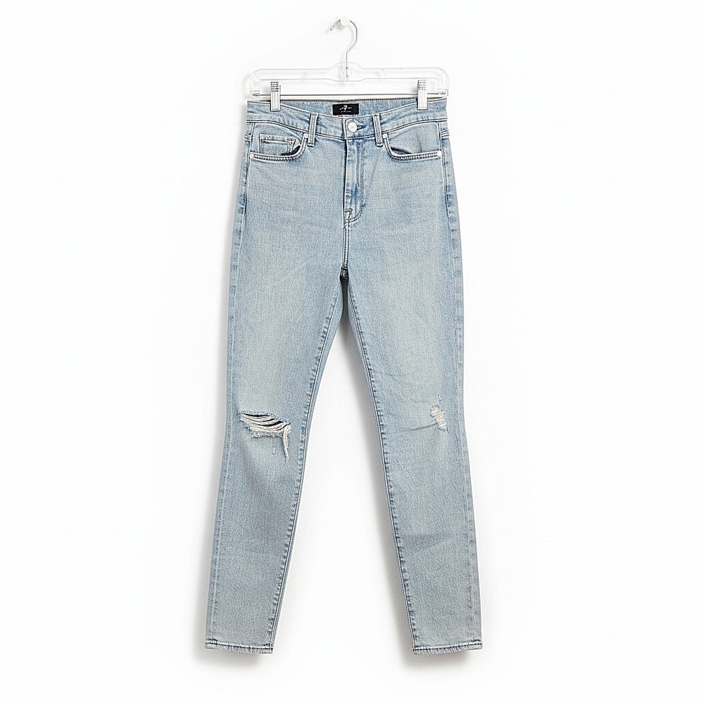 NEW! 7 For All Mankind Light Wash Slim Straight  Distressed Jeans - Picture 3 of 7